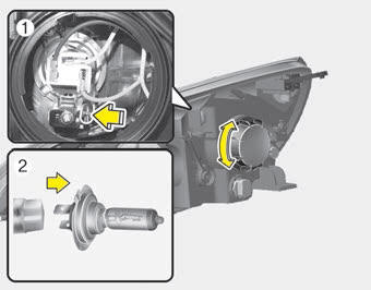 Kia Rio Notice d'utilisation : Phares avant : Remplacement des ampoules des  phares avant, feux de position, clignotants, catadioptres latéraux et  phares antibrouillard avant